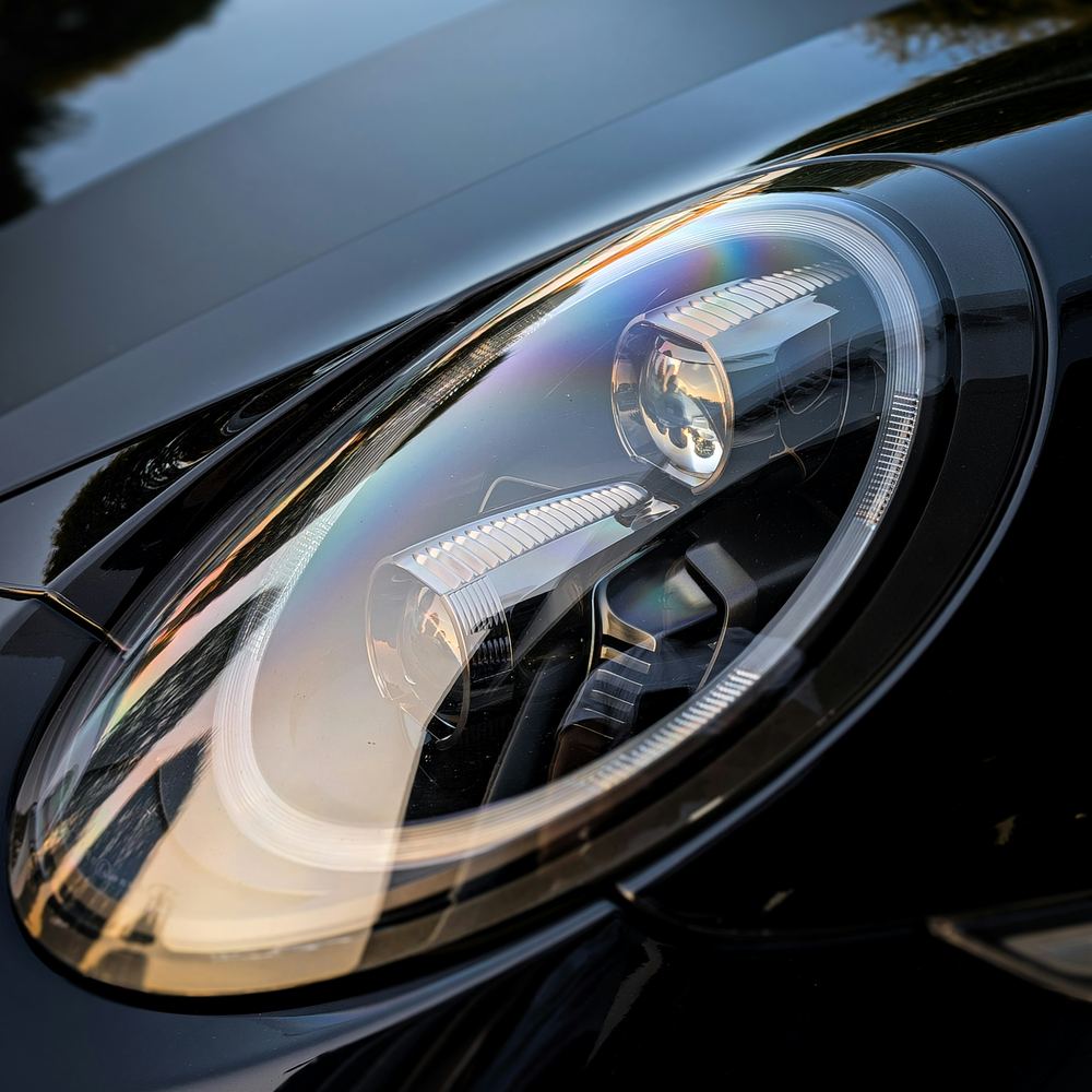 Close-up of a clear, restored headlight lens